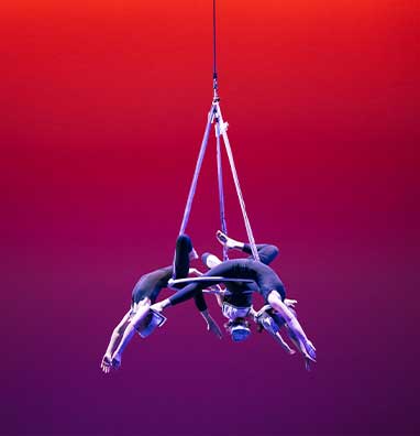 Three performers hanging from a horizontal suspended lyra